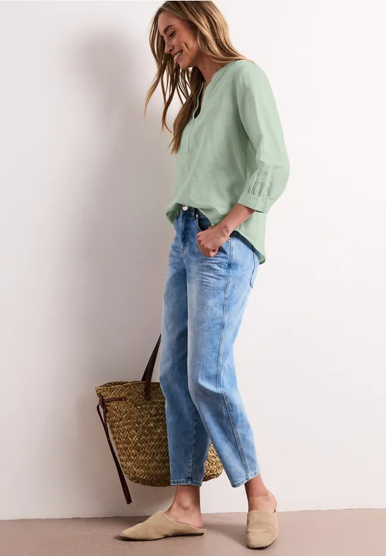 Bluse mit Split Neck aus Leinenmix soft jade green