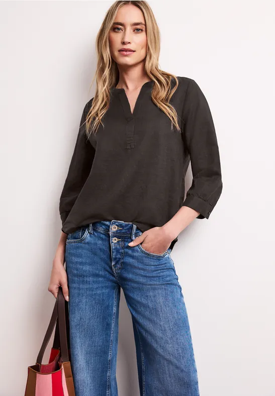 Blouse met gespleten hals van linnenmix espresso brown