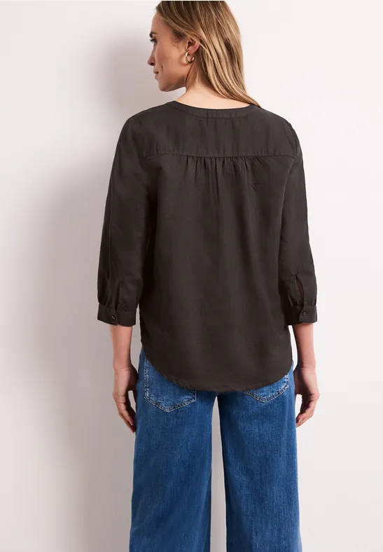 Blouse met gespleten hals van linnenmix espresso brown