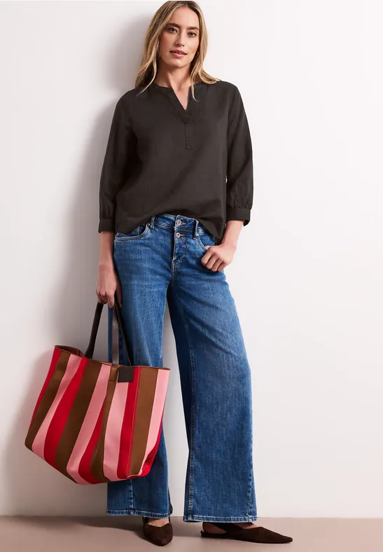 Blouse met gespleten hals van linnenmix espresso brown