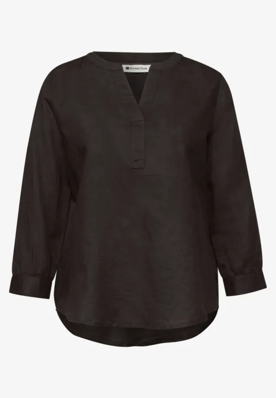 Blouse met gespleten hals van linnenmix espresso brown