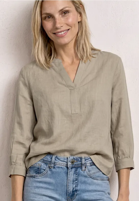 Blouse met gespleten hals van linnenmix timeless beige
