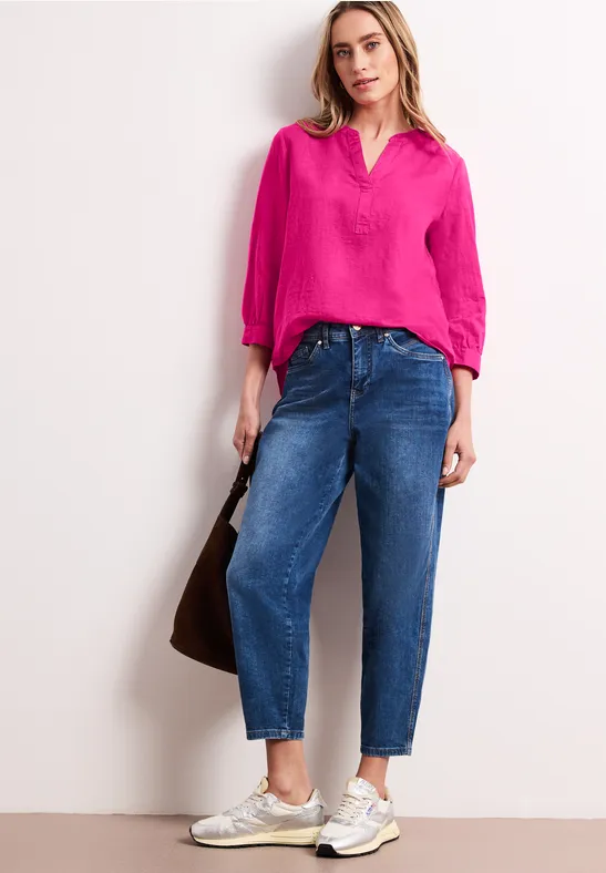 Blouse met gespleten hals van linnenmix magenta dream