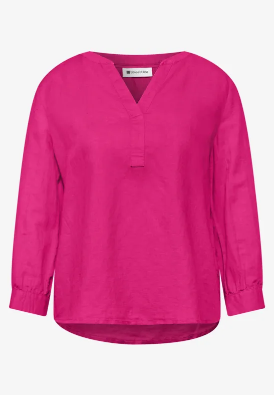 Blouse met gespleten hals van linnenmix magenta dream