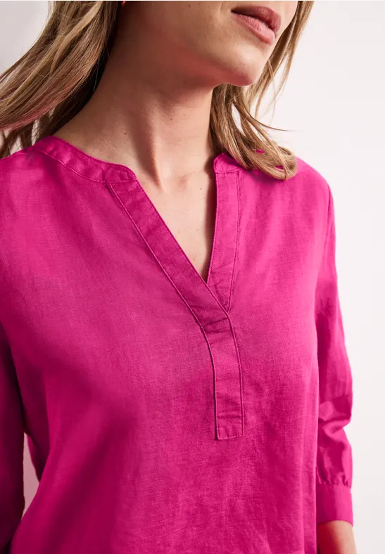 Blouse met gespleten hals van linnenmix magenta dream