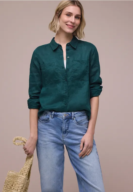 Blouse met lange mouwen en borstzakken dark garden green