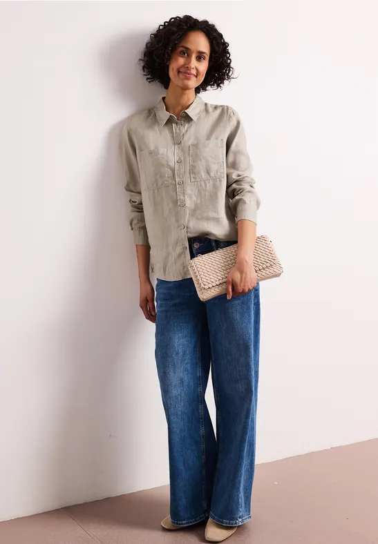 Blouse met lange mouwen en borstzakken timeless beige