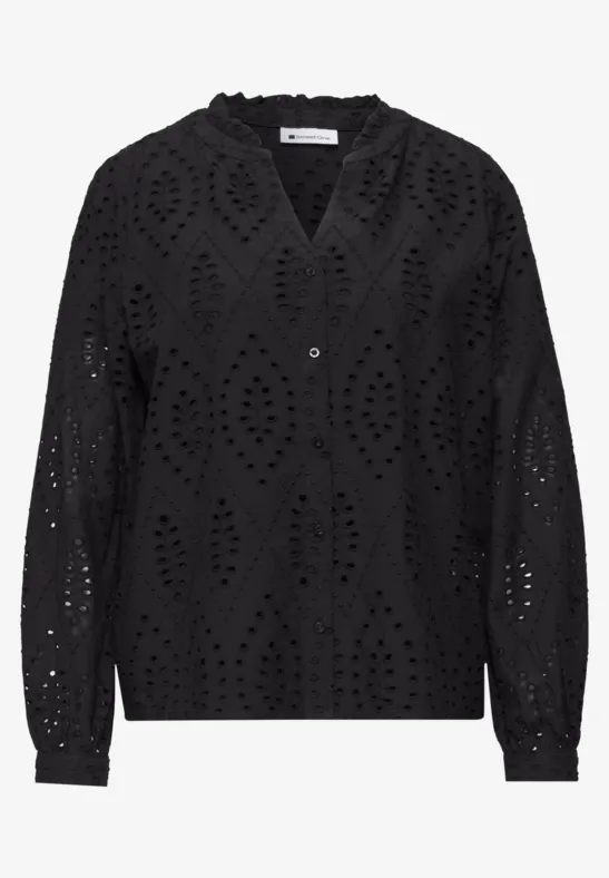 Blouse brodée à col fendu Black