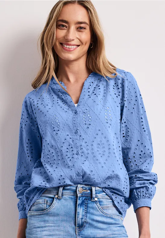 Blouse met gespleten hals en Shiffley-patroon drift blue