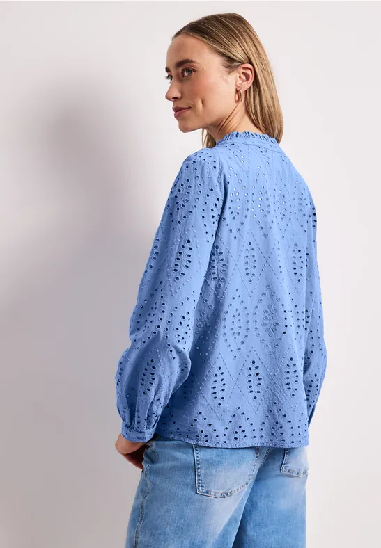 Blouse met gespleten hals en Shiffley-patroon drift blue
