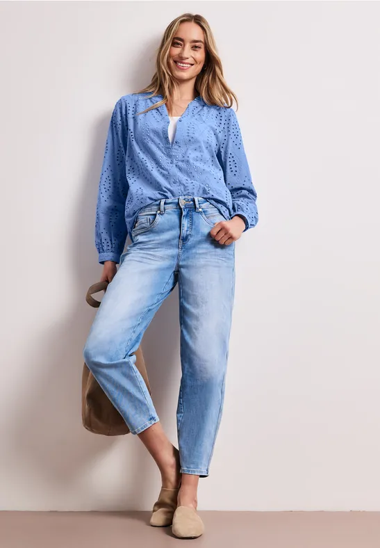 Blouse met gespleten hals en Shiffley-patroon drift blue