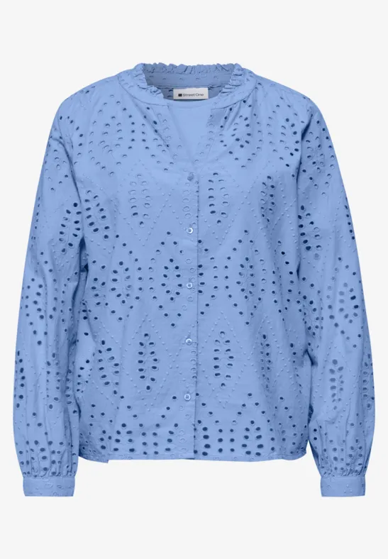 Blouse met gespleten hals en Shiffley-patroon drift blue