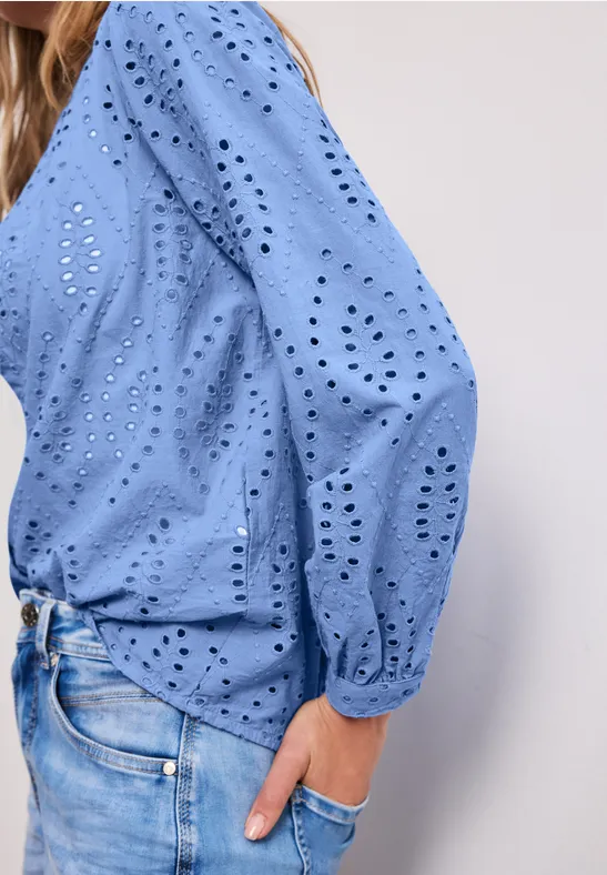 Blouse met gespleten hals en Shiffley-patroon drift blue