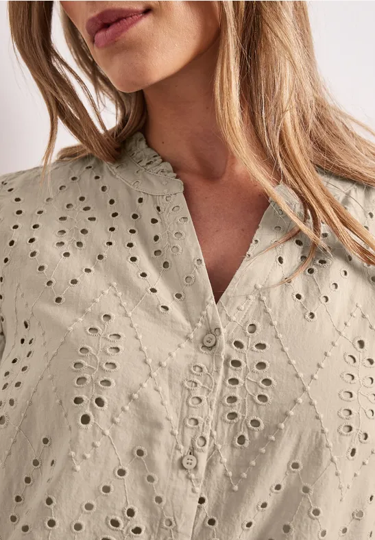 Bluse mit Split Neck und Shiffley-Muster clay sand