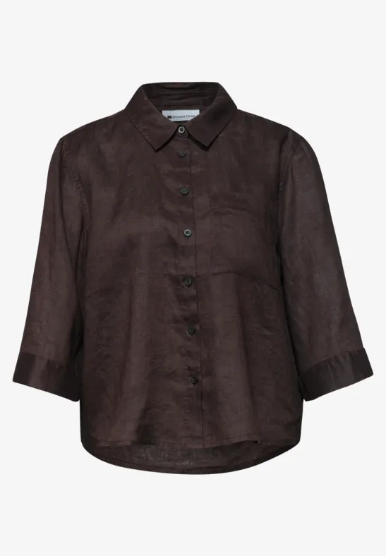 Donkerbruine linnen blouse met driekwartmouwen en knoopsluiting