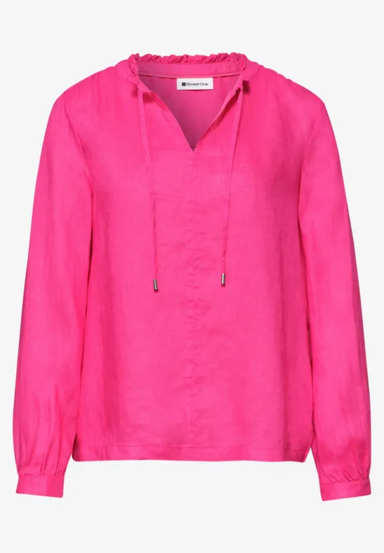 Luchtige roze blouse met lange mouwen, V-hals en koordsluiting