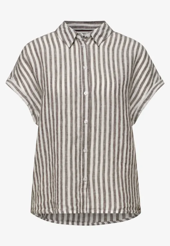Grijs-wit gestreept linnen overhemd met korte mouwen, knoopsluiting en kraag.