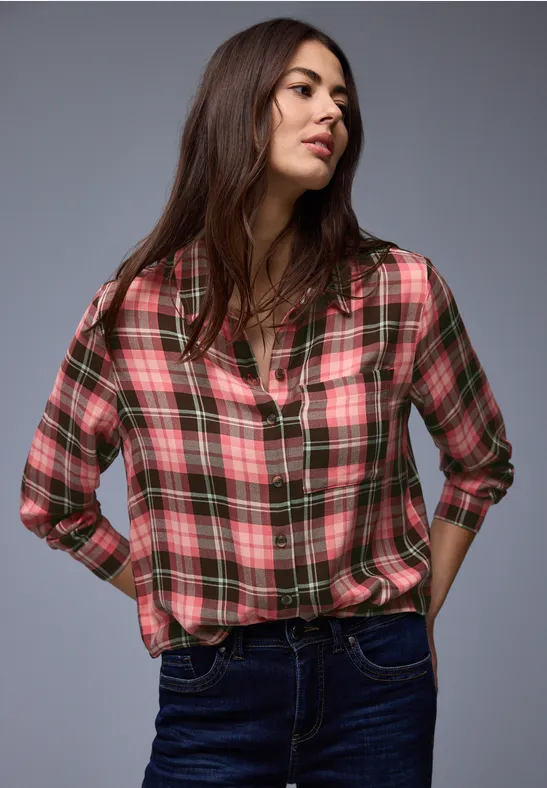 Geruite overhemdblouse striking coral