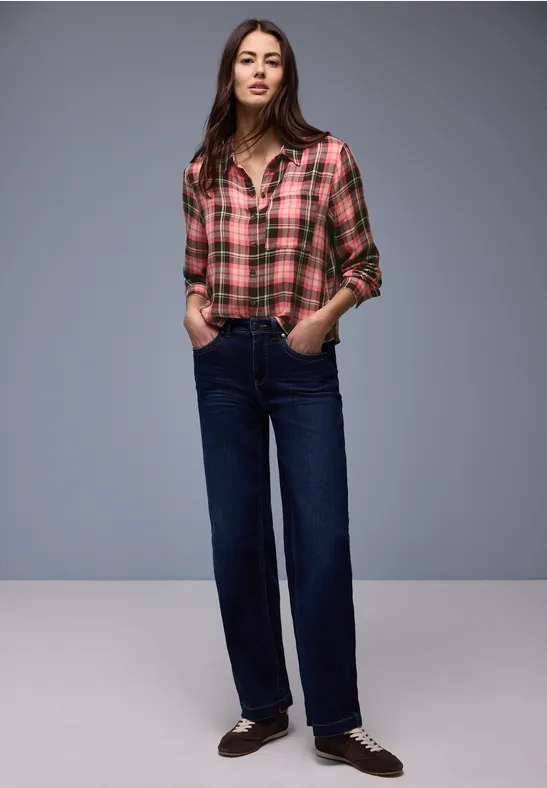 Geruite overhemdblouse striking coral