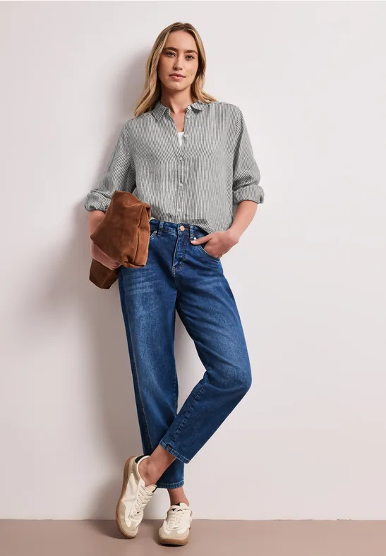 Linnen blouse met 3/4 mouwen en strepen Black