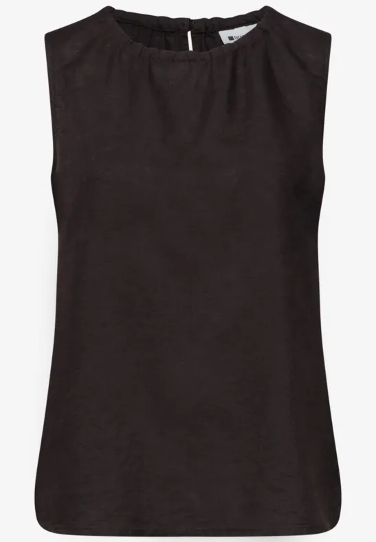 Zwart effen mouwloos damesshirt met ronde hals, van licht materiaal.