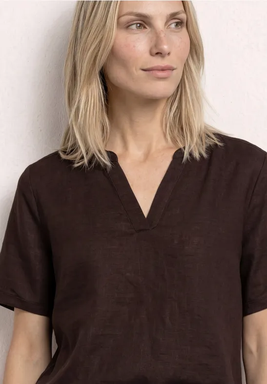 Blouse met gespleten hals van linnenmix espresso brown