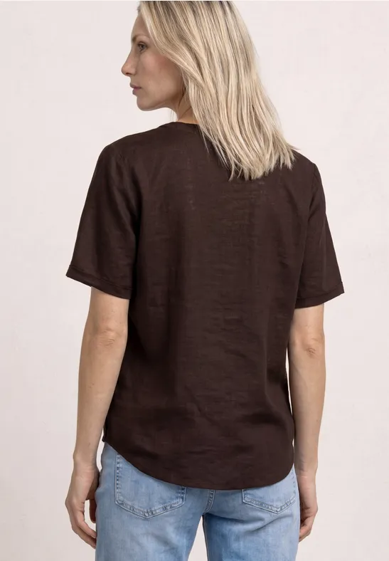 Blouse met gespleten hals van linnenmix espresso brown