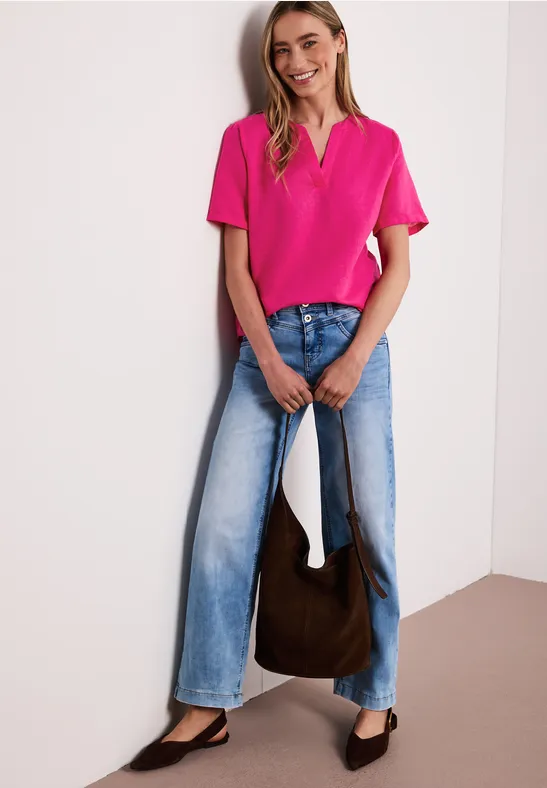 Blouse met gespleten hals van linnenmix magenta dream