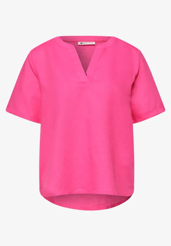 Blouse met gespleten hals van linnenmix magenta dream