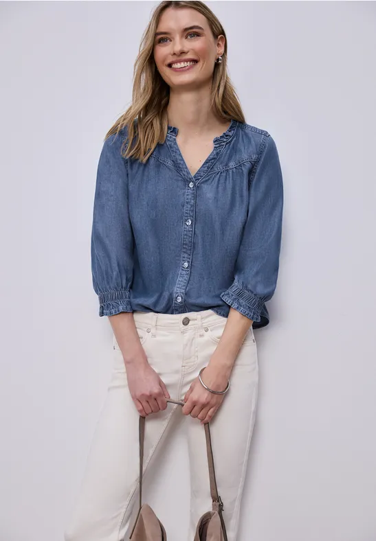 Blouse à manches 3/4 avec détails volantés soft mid blue washed