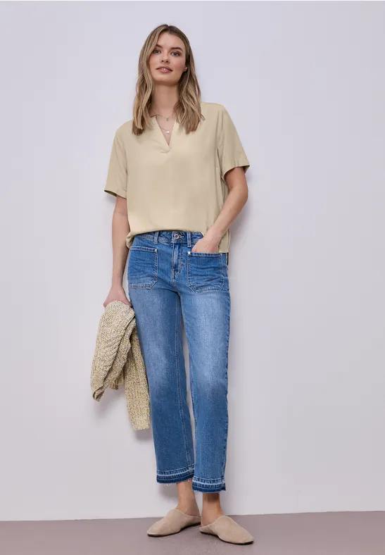 Blouse met korte mouwen en omslag cotton beige