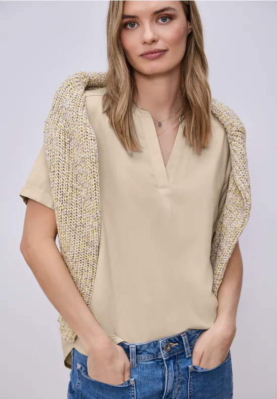 Blouse met korte mouwen en omslag cotton beige
