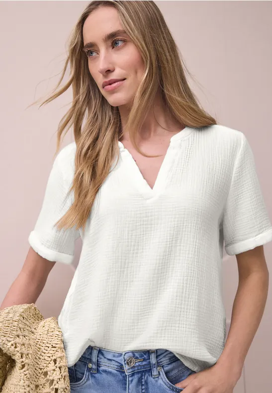 Blouse met korte mouwen in mousseline kwaliteit off white