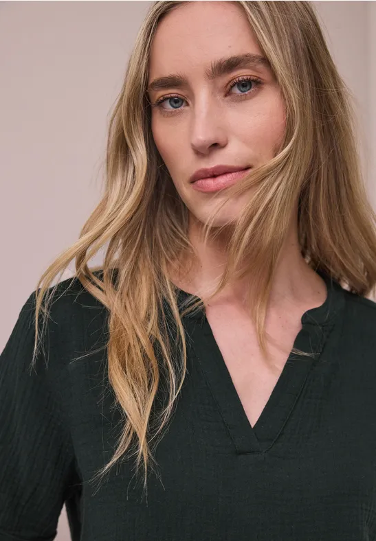 Kurzarm Bluse in Musselinqualität mit Turn-Up pine grove green