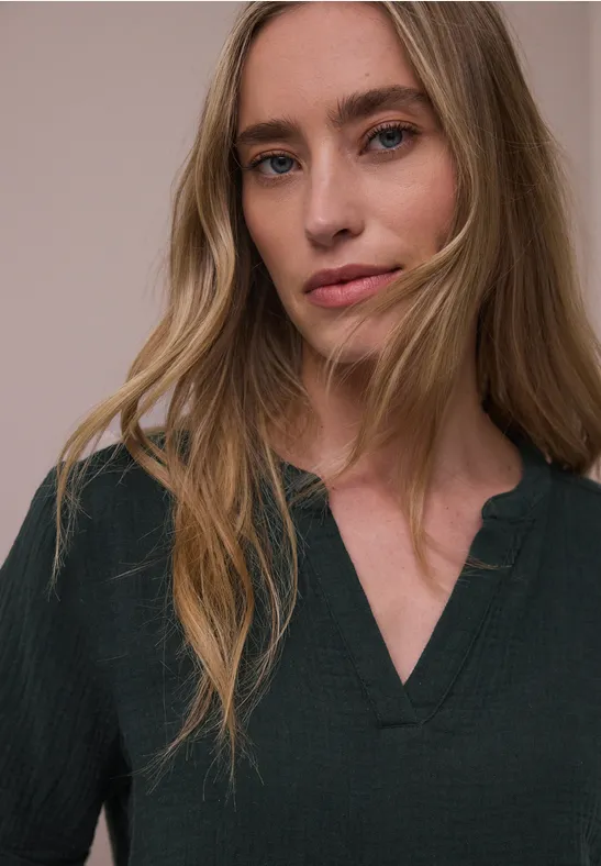 Kurzarm Bluse in Musselinqualität mit Turn-Up pine grove green