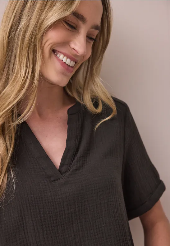 Kurzarm Bluse in Musselinqualität mit Turn-Up espresso brown