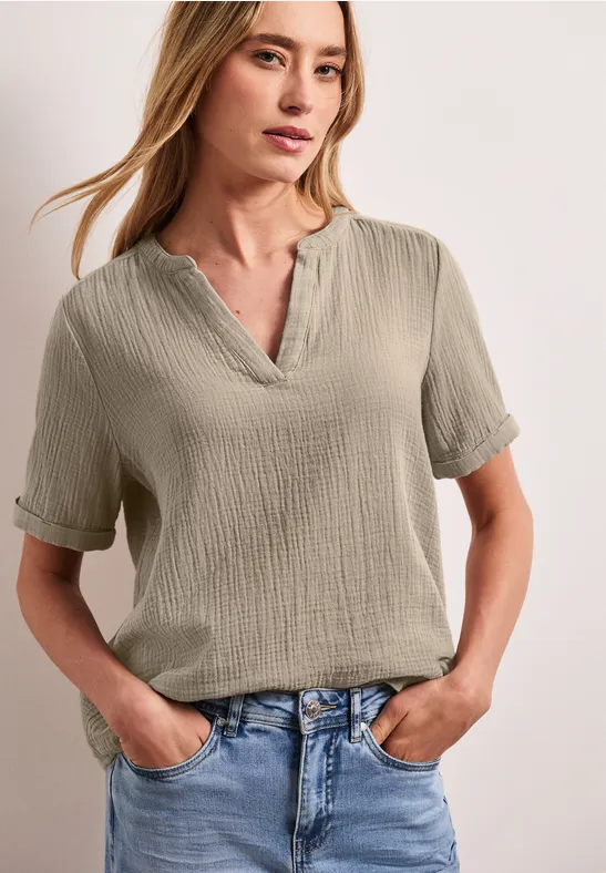 Kurzarm Bluse in Musselinqualität mit Turn-Up timeless beige