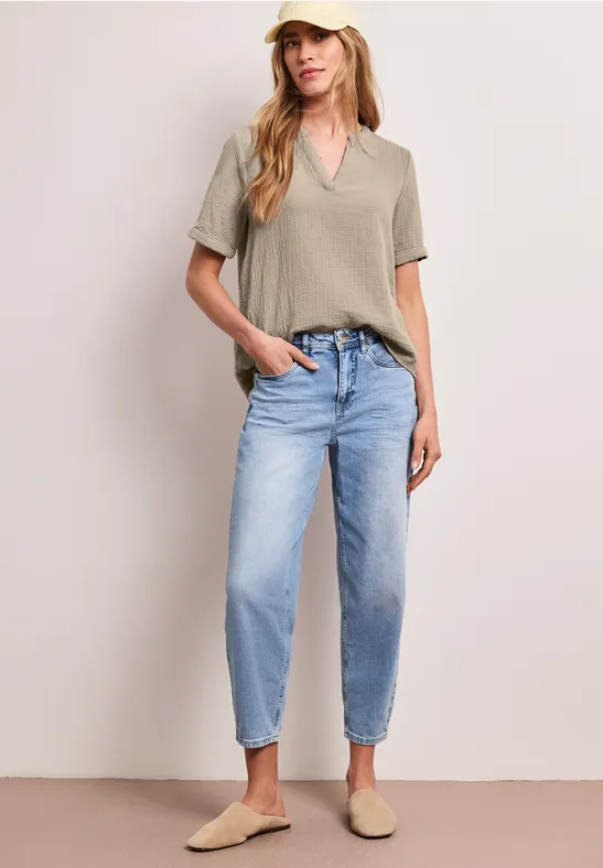 Kurzarm Bluse in Musselinqualität mit Turn-Up timeless beige
