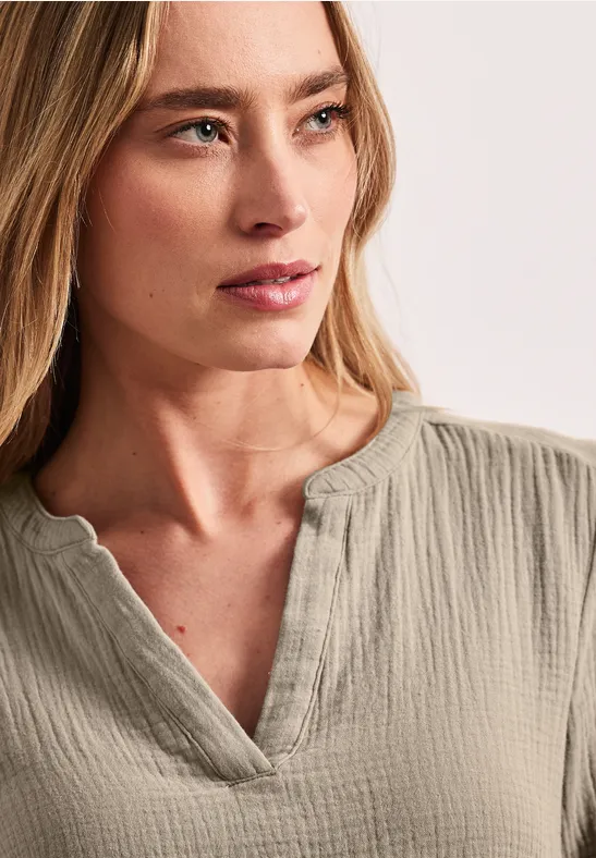 Kurzarm Bluse in Musselinqualität mit Turn-Up timeless beige