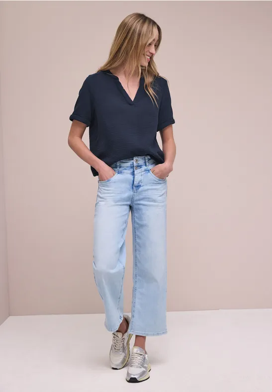 Kurzarm Bluse in Musselinqualität mit Turn-Up shadowed navy