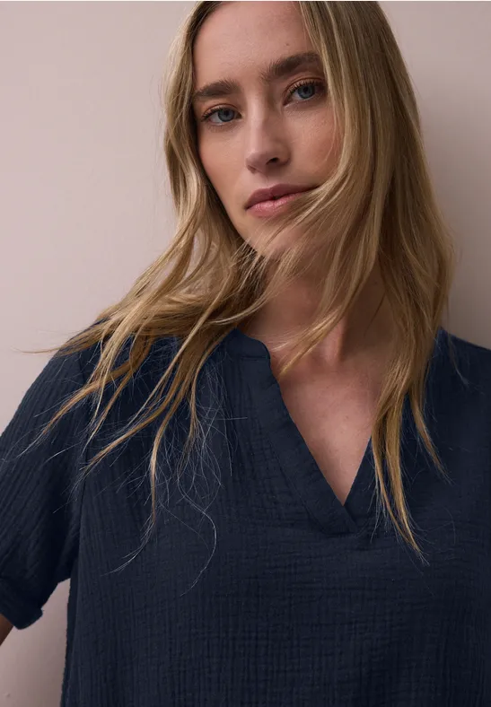 Kurzarm Bluse in Musselinqualität mit Turn-Up shadowed navy