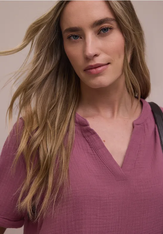 Blouse met korte mouwen in mousseline kwaliteit dark clouded blush