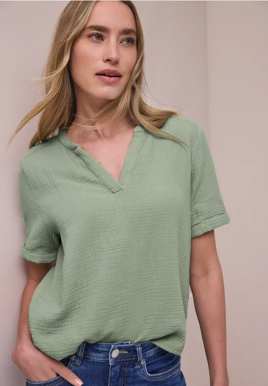 Blouse met korte mouwen in mousseline kwaliteit mint leaf
