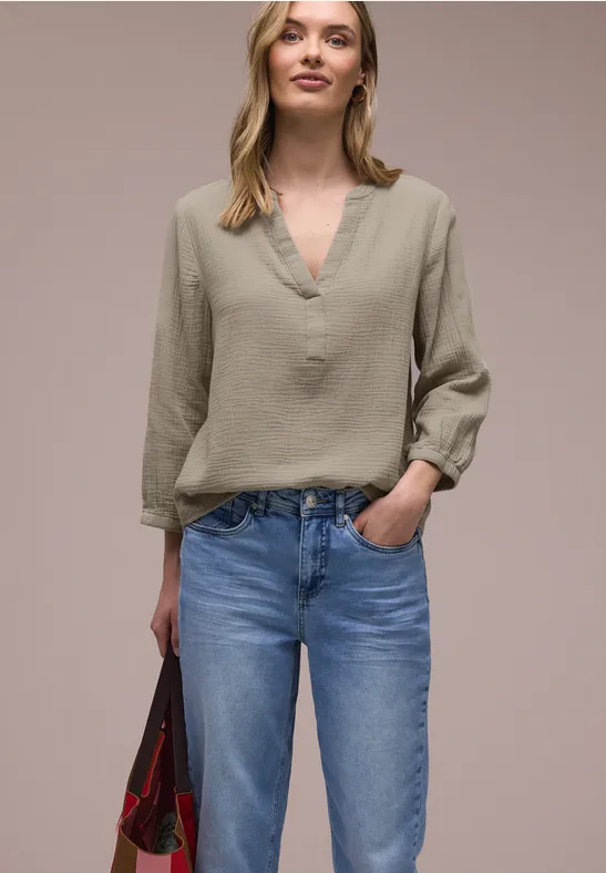 3/4-mouwen blouse in mousseline kwaliteit timeless beige