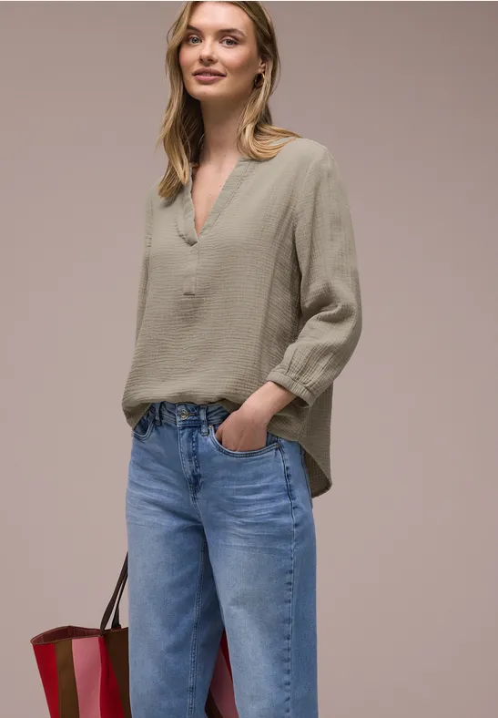 3/4-mouwen blouse in mousseline kwaliteit timeless beige