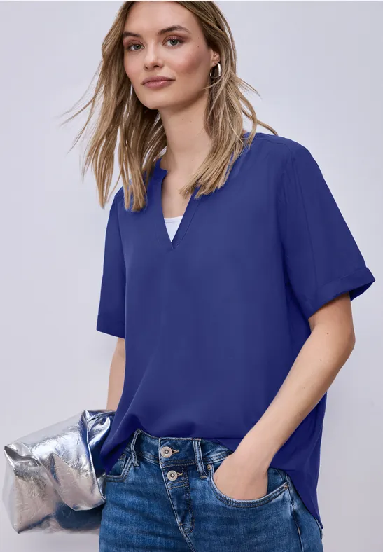 Bluse mit Split Neck und Turn-Up amparo blue