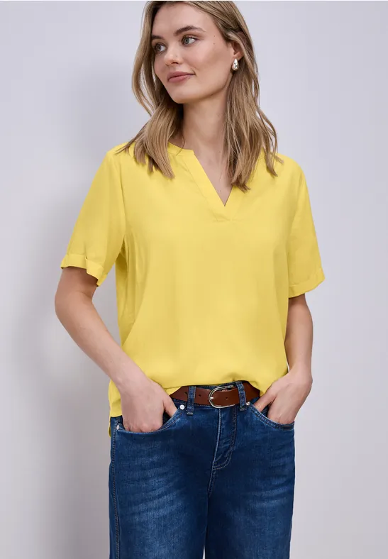 Blouse met gespleten hals en omslag bloom yellow