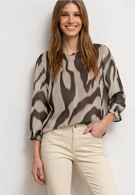 3/4-mouwen blouse met ronde hals in chiffon espresso brown