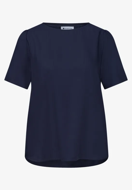 Schlichte dunkelblaue Bluse mit kurzen Ärmeln und Rundhalsausschnitt.