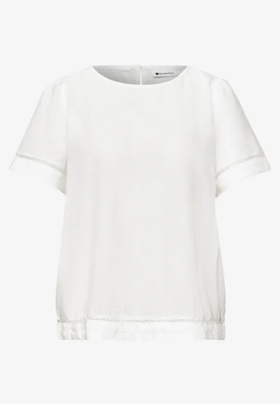Weißes Damen-T-Shirt mit kurzen Ärmeln, rundem Ausschnitt und elastischem Saum.